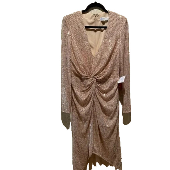 NWT Mac Duggal Sequin Knotted Long Sleeve Midi Dress‎ 26549 NUDE - Picture 6 of 7